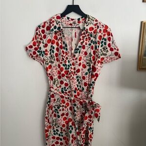Anthropologie Maeve Strawberry Cherry Print Wrap Linen Romper Women 14 NWOT